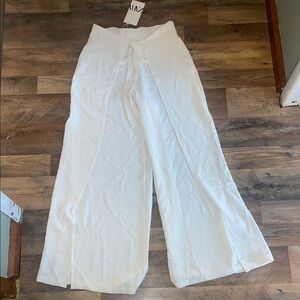Zara White Wide-Leg slit leg Pants size Small NWT